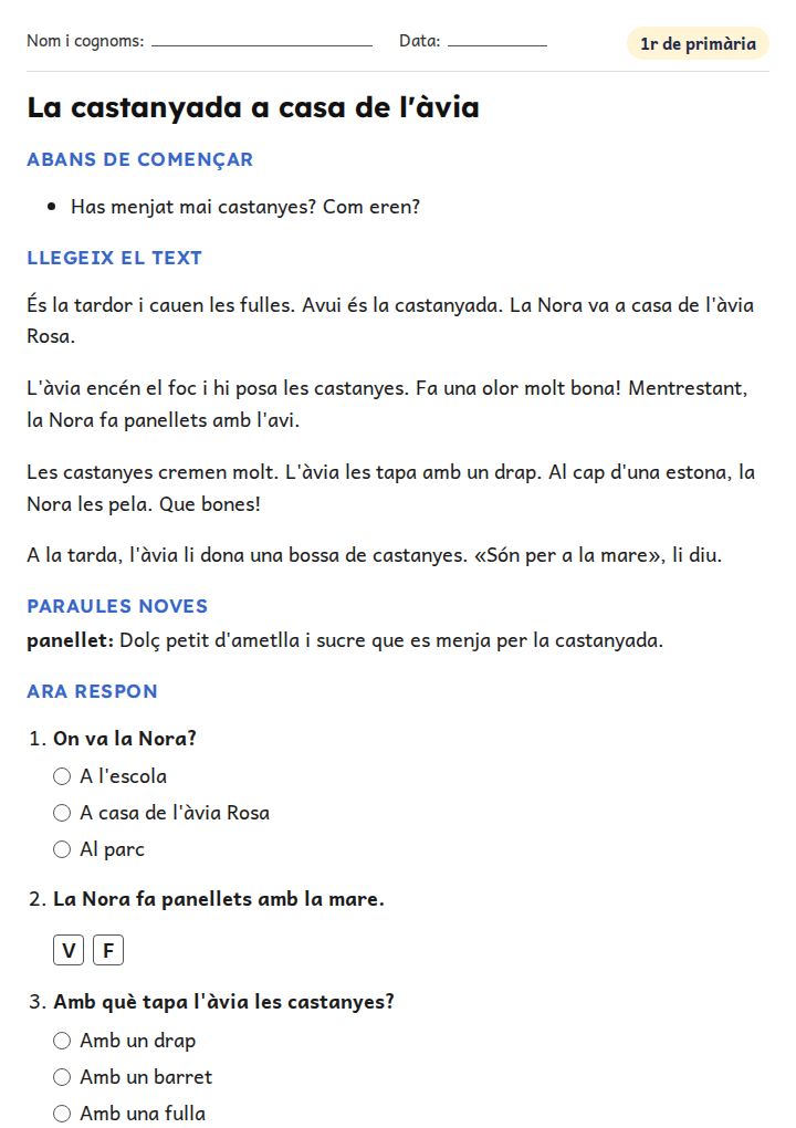 Fitxa «La castanyada a casa de l'àvia» de comprensió lectora per a 1r de primària