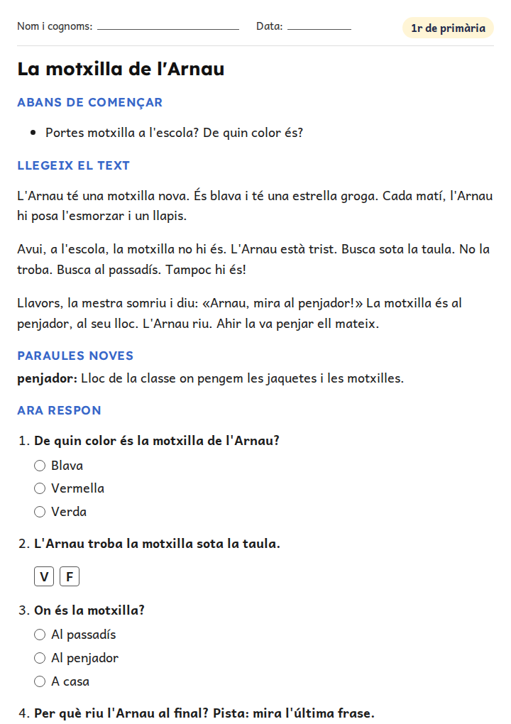 Fitxa «La motxilla de l'Arnau» de comprensió lectora per a 1r de primària