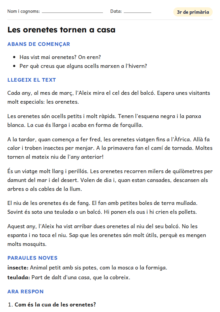 Fitxa «Les orenetes tornen a casa» de comprensió lectora per a 3r de primària