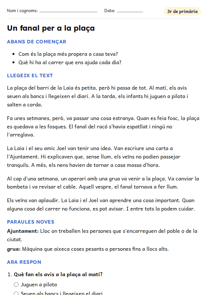 Fitxa «Un fanal per a la plaça» de comprensió lectora per a 3r de primària