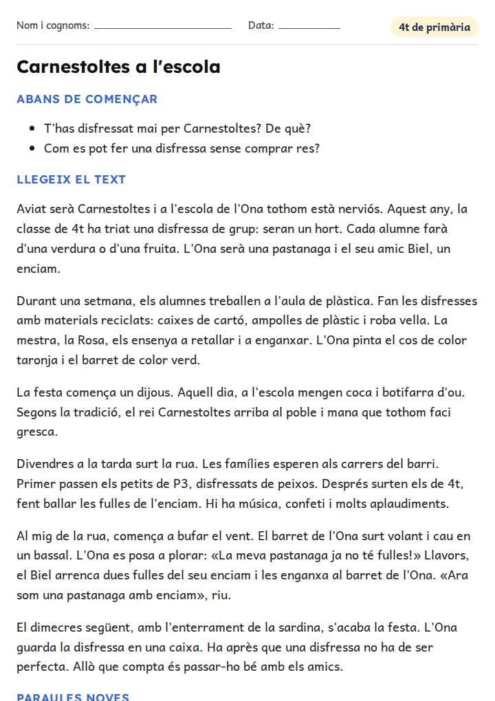 Fitxa «Carnestoltes a l'escola» de comprensió lectora per a 4t de primària