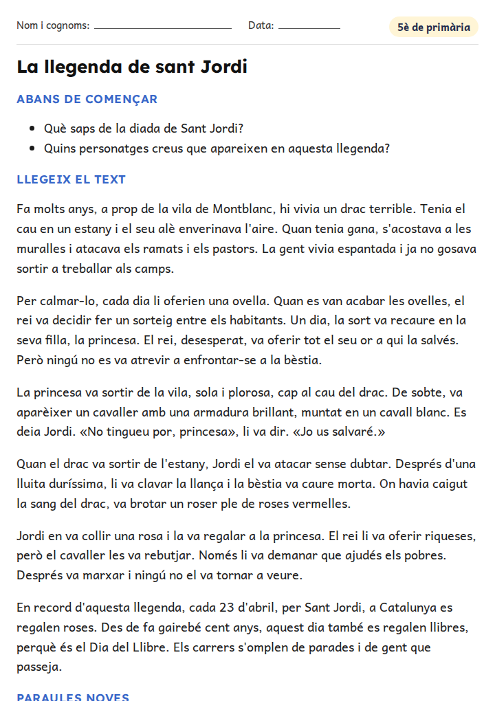 Fitxa «La llegenda de sant Jordi» de comprensió lectora per a 5è de primària