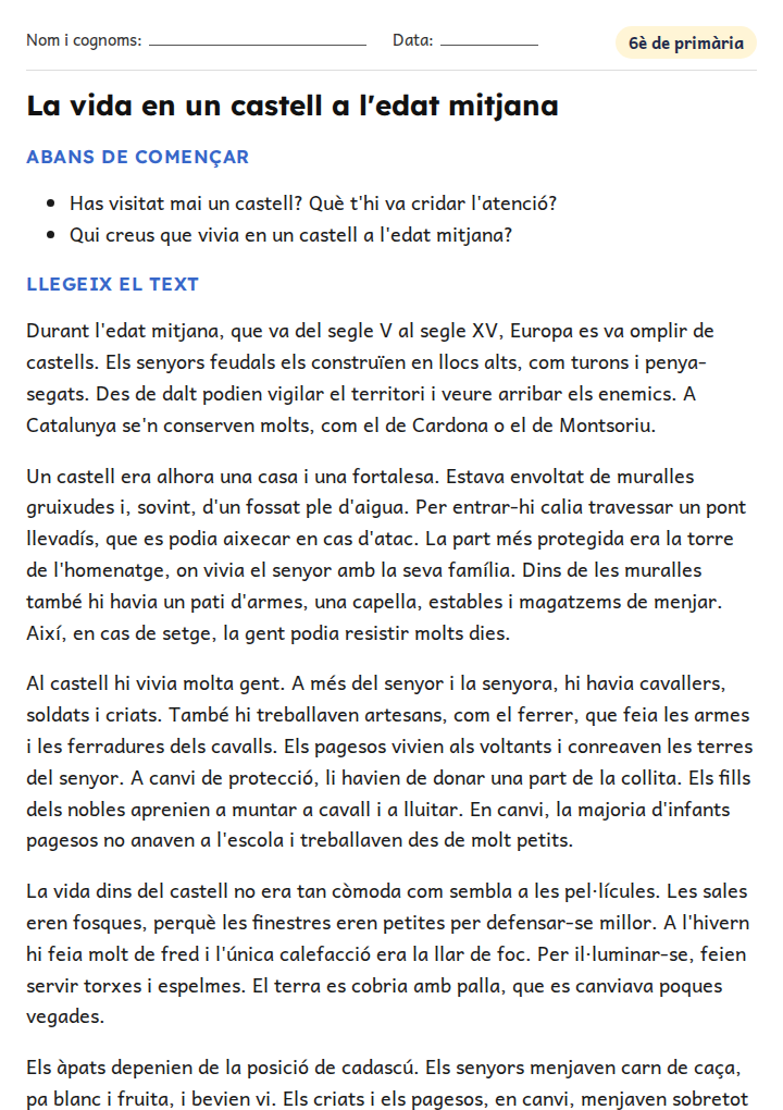 Fitxa «La vida en un castell a l'edat mitjana» de comprensió lectora per a 6è de primària