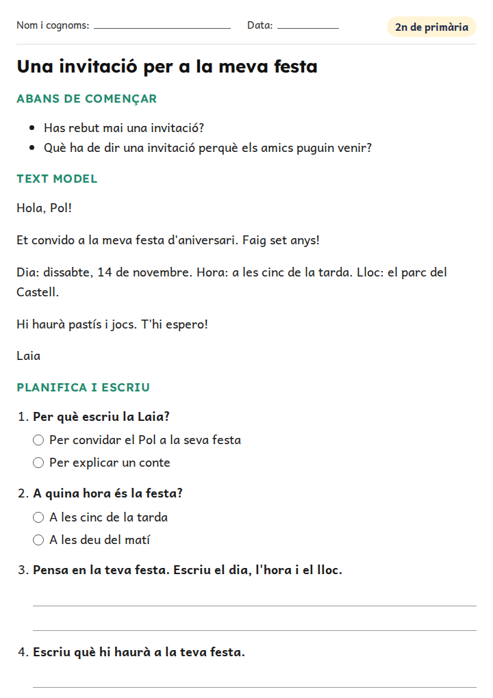 Fitxa «Una invitació per a la meva festa» d'expressió escrita per a 2n de primària
