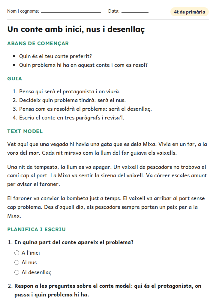 Fitxa «Un conte amb inici, nus i desenllaç» d'expressió escrita per a 4t de primària