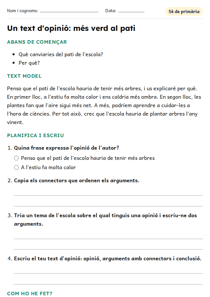 Fitxa «Un text d'opinió: més verd al pati» d'expressió escrita per a 5è de primària