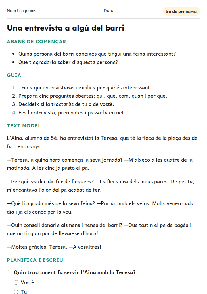 Fitxa «Una entrevista a algú del barri» d'expressió escrita per a 5è de primària