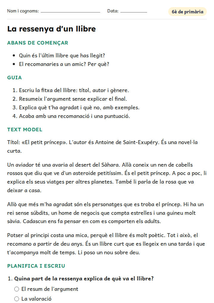 Fitxa «La ressenya d'un llibre» d'expressió escrita per a 6è de primària