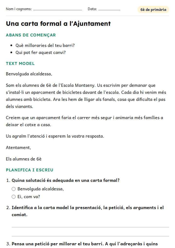Fitxa «Una carta formal a l'Ajuntament» d'expressió escrita per a 6è de primària