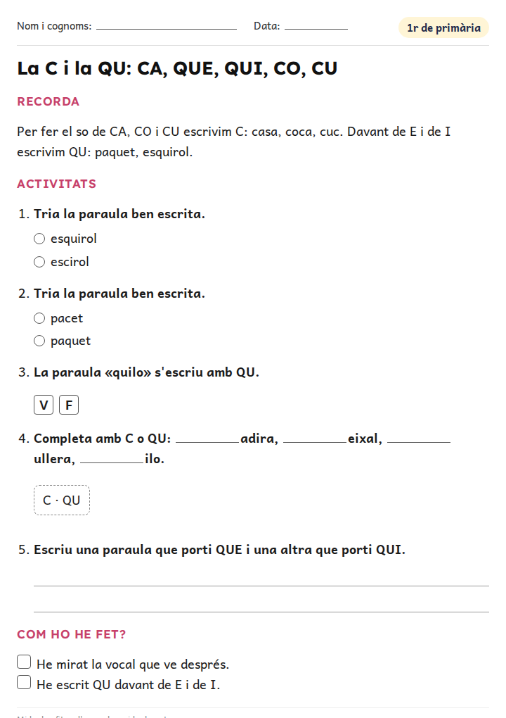 Fitxa «La C i la QU: CA, QUE, QUI, CO, CU» d'ortografia i gramàtica per a 1r de primària