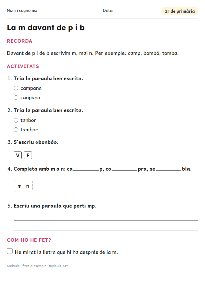 Fitxa «La m davant de p i b» d'ortografia i gramàtica per a 1r de primària