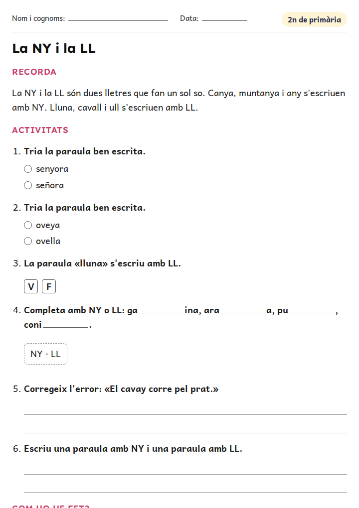 Fitxa «La NY i la LL» d'ortografia i gramàtica per a 2n de primària