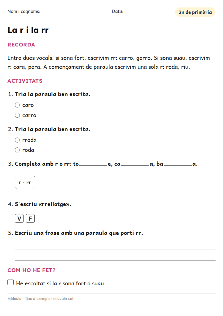 Fitxa «La r i la rr» d'ortografia i gramàtica per a 2n de primària