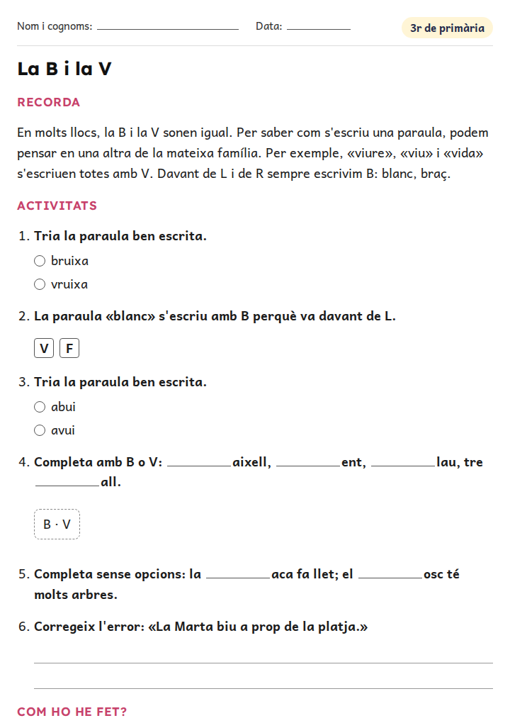 Fitxa «La B i la V» d'ortografia i gramàtica per a 3r de primària