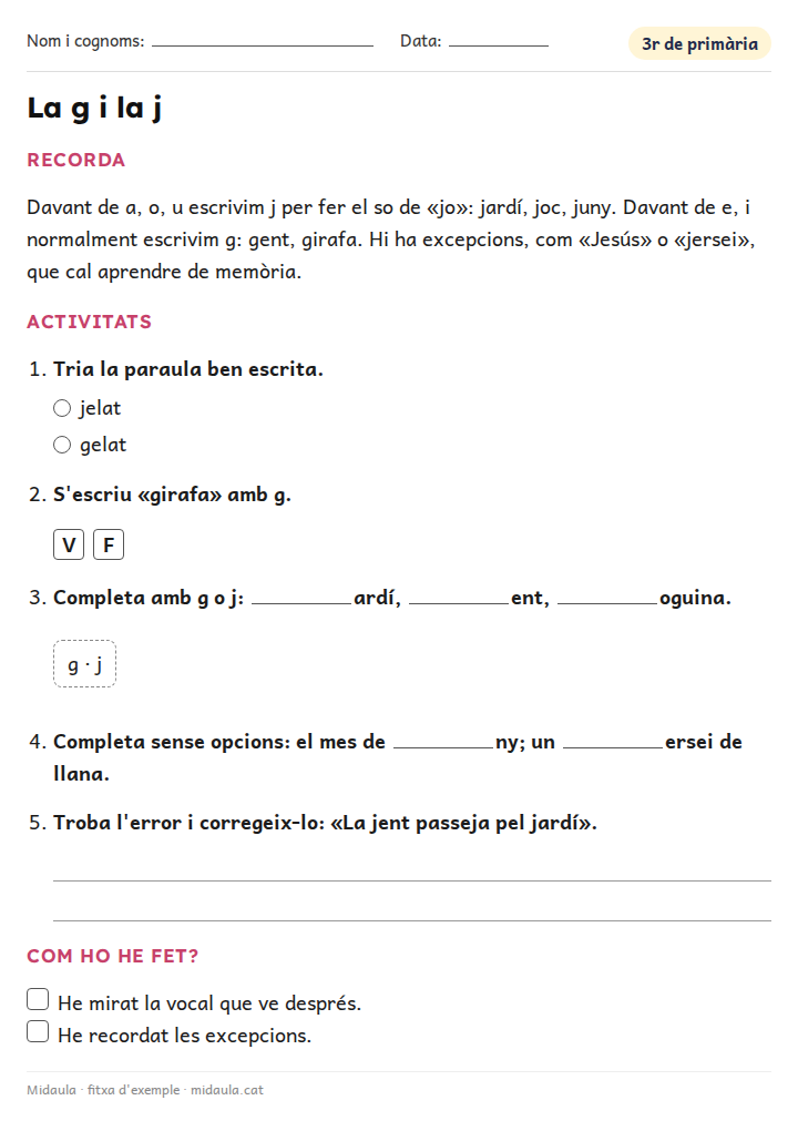 Fitxa «La g i la j» d'ortografia i gramàtica per a 3r de primària