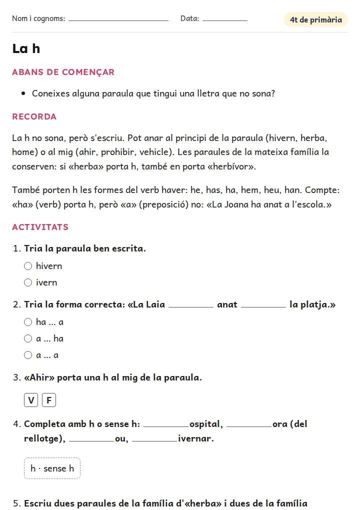 Fitxa «La h» d'ortografia i gramàtica per a 4t de primària