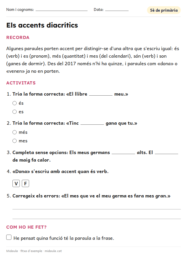 Fitxa «Els accents diacrítics» d'ortografia i gramàtica per a 5è de primària