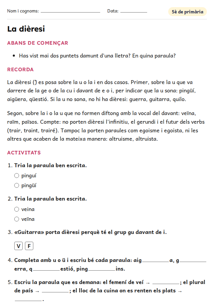 Fitxa «La dièresi» d'ortografia i gramàtica per a 5è de primària