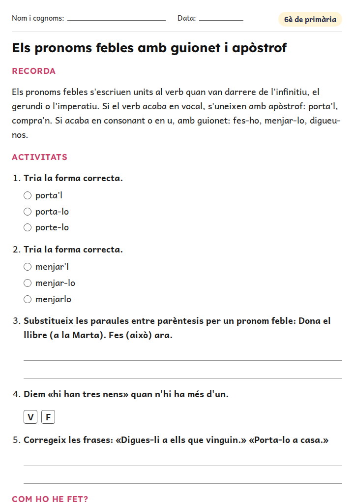 Fitxa «Els pronoms febles amb guionet i apòstrof» d'ortografia i gramàtica per a 6è de primària