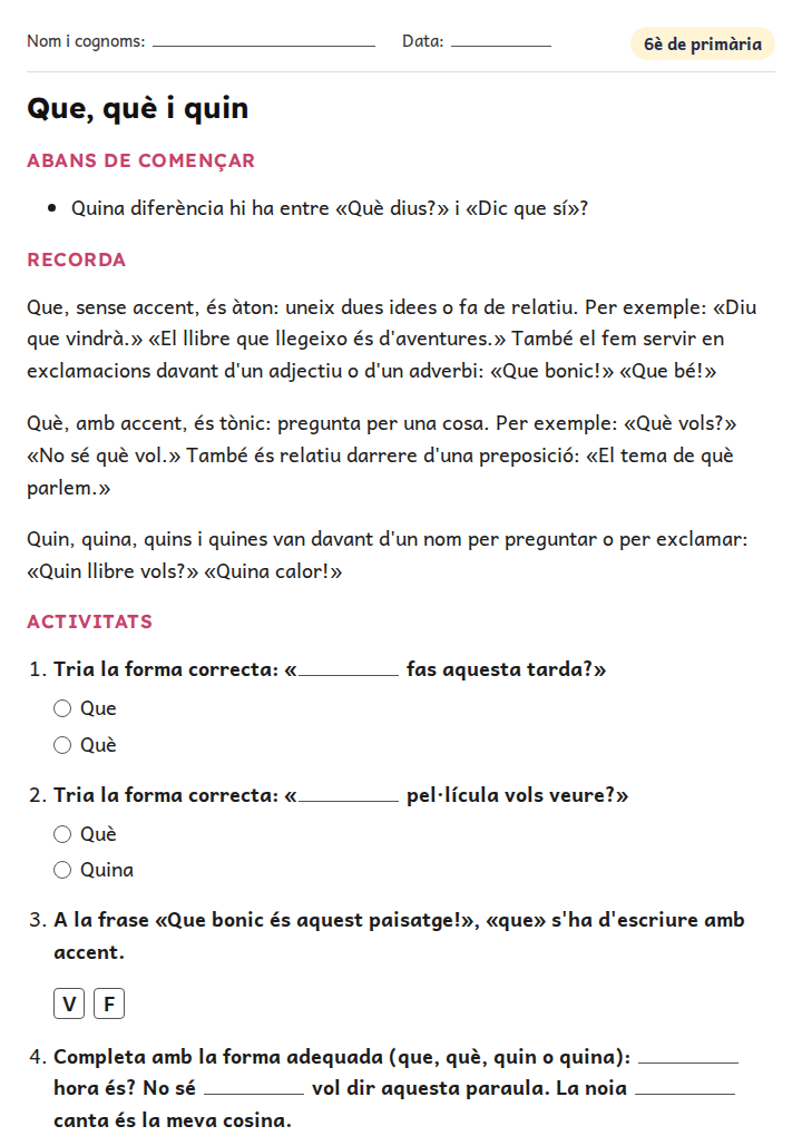 Fitxa «Que, què i quin» d'ortografia i gramàtica per a 6è de primària