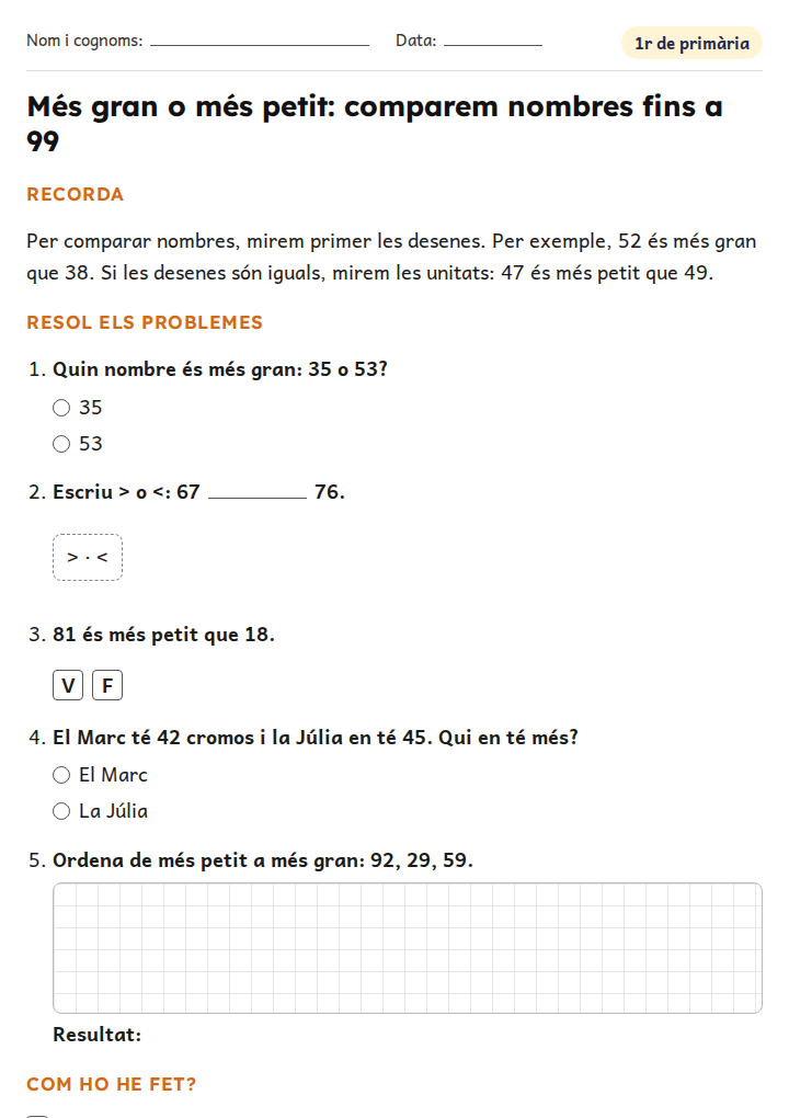 Fitxa «Més gran o més petit: comparem nombres fins a 99» de problemes de matemàtiques per a 1r de primària