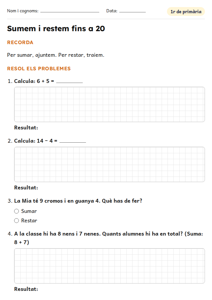 Fitxa «Sumem i restem fins a 20» de problemes de matemàtiques per a 1r de primària