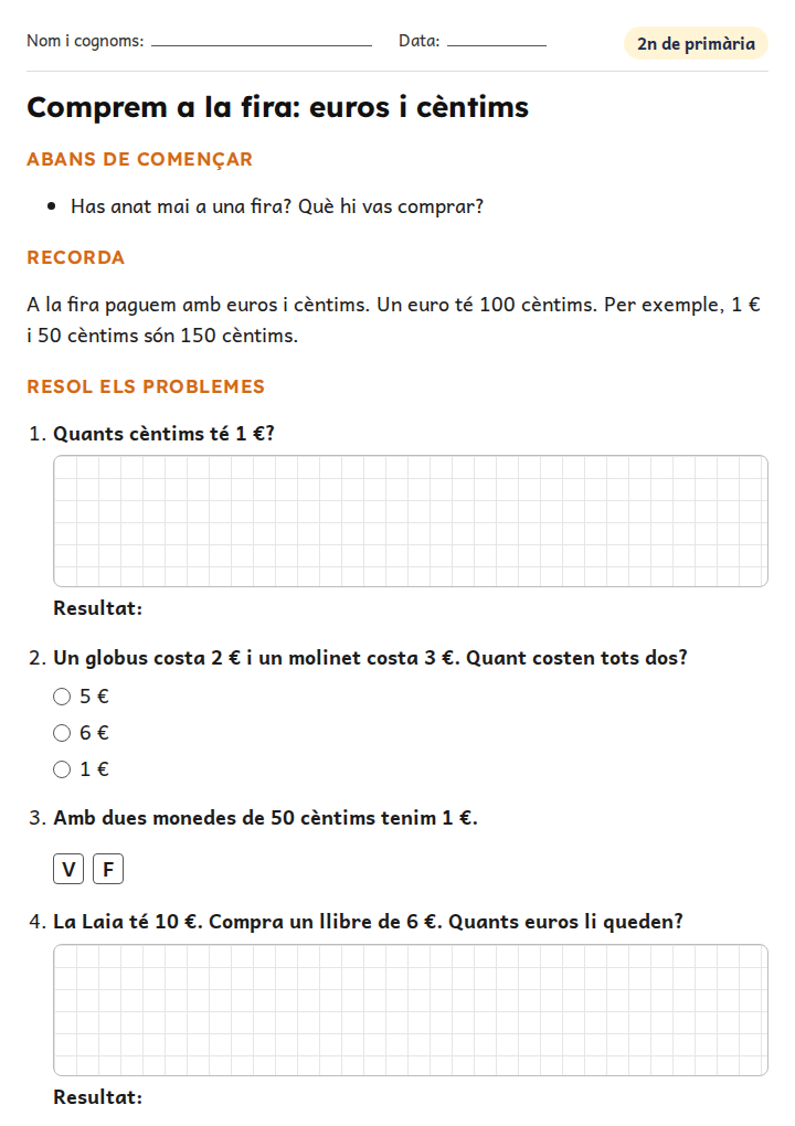 Fitxa «Comprem a la fira: euros i cèntims» de problemes de matemàtiques per a 2n de primària
