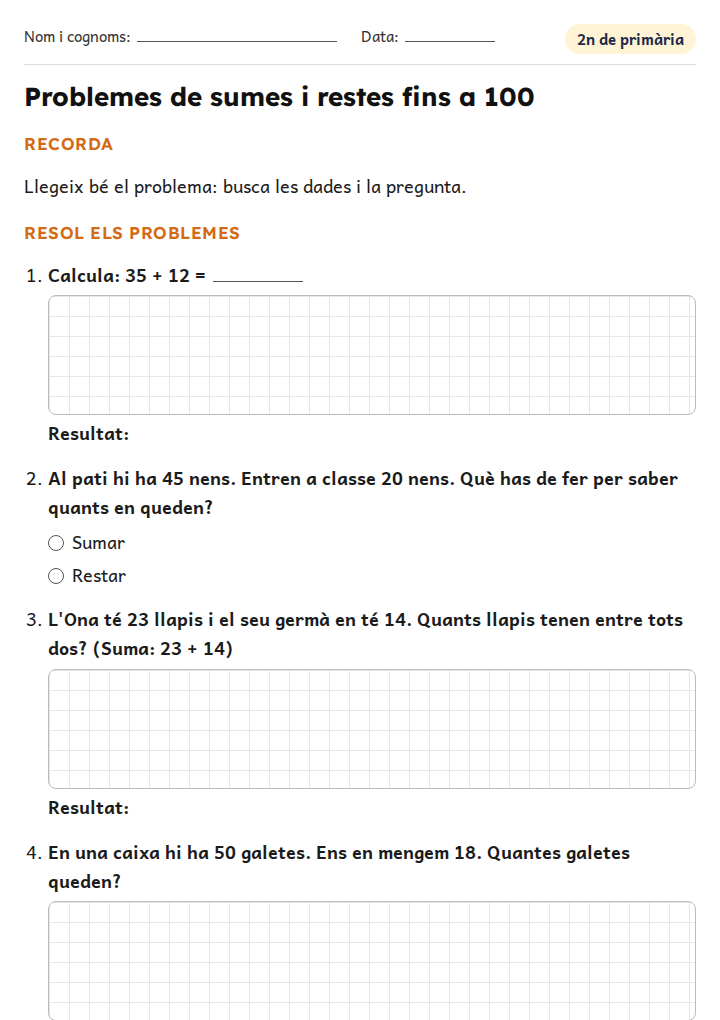 Fitxa «Problemes de sumes i restes fins a 100» de problemes de matemàtiques per a 2n de primària