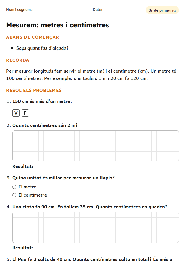 Fitxa «Mesurem: metres i centímetres» de problemes de matemàtiques per a 3r de primària