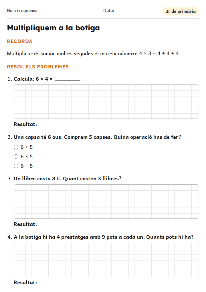 Fitxa «Multipliquem a la botiga» de problemes de matemàtiques per a 3r de primària