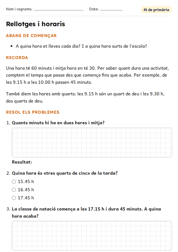 Fitxa «Rellotges i horaris» de problemes de matemàtiques per a 4t de primària
