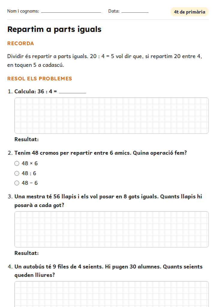 Fitxa «Repartim a parts iguals» de problemes de matemàtiques per a 4t de primària