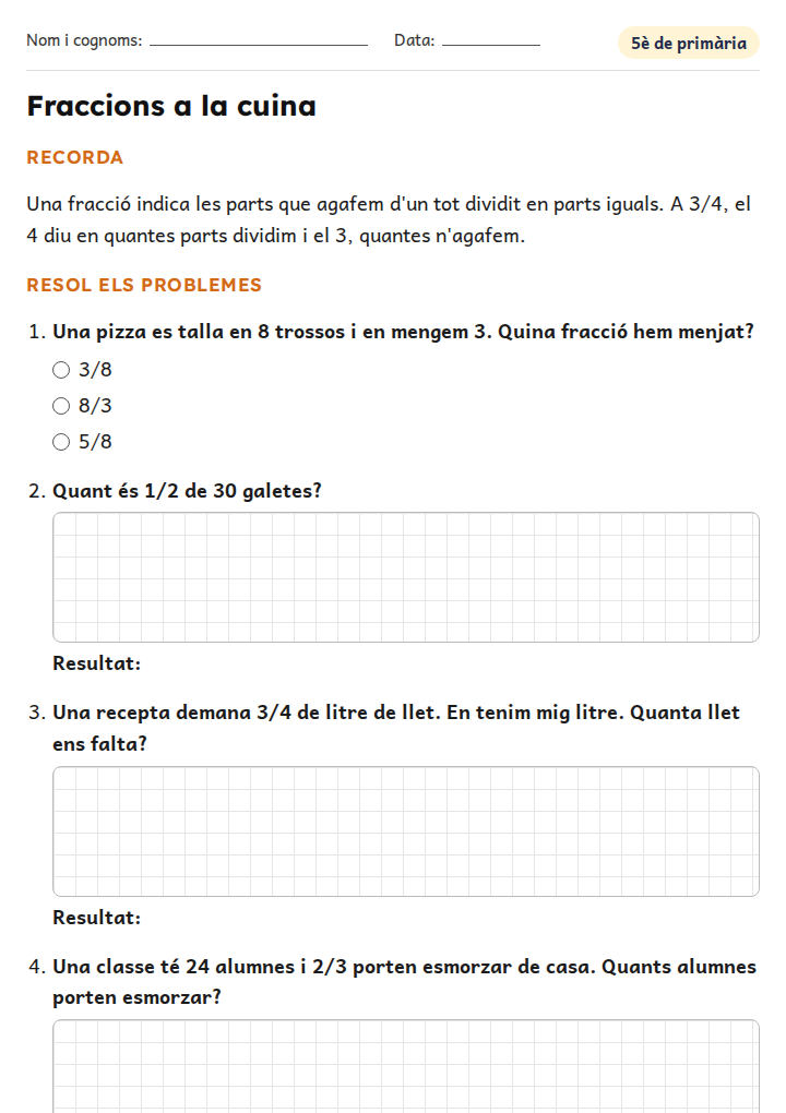 Fitxa «Fraccions a la cuina» de problemes de matemàtiques per a 5è de primària
