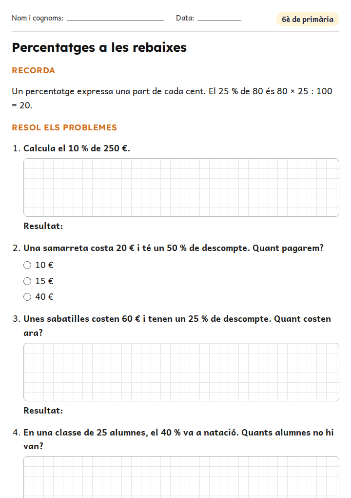 Fitxa «Percentatges a les rebaixes» de problemes de matemàtiques per a 6è de primària