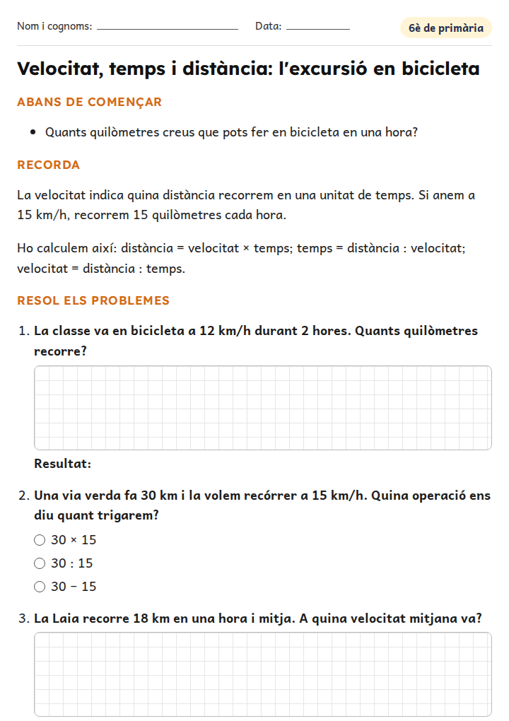 Fitxa «Velocitat, temps i distància: l'excursió en bicicleta» de problemes de matemàtiques per a 6è de primària