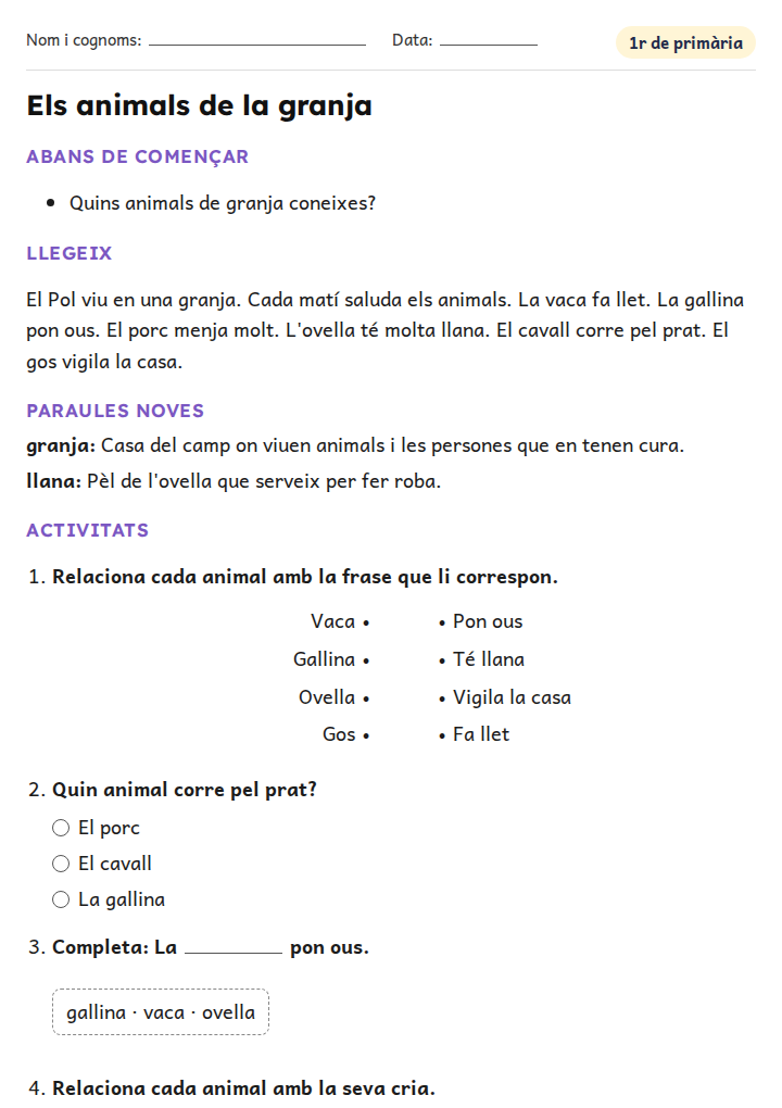 Fitxa «Els animals de la granja» de vocabulari per a 1r de primària
