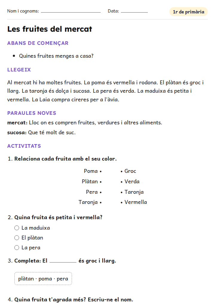 Fitxa «Les fruites del mercat» de vocabulari per a 1r de primària