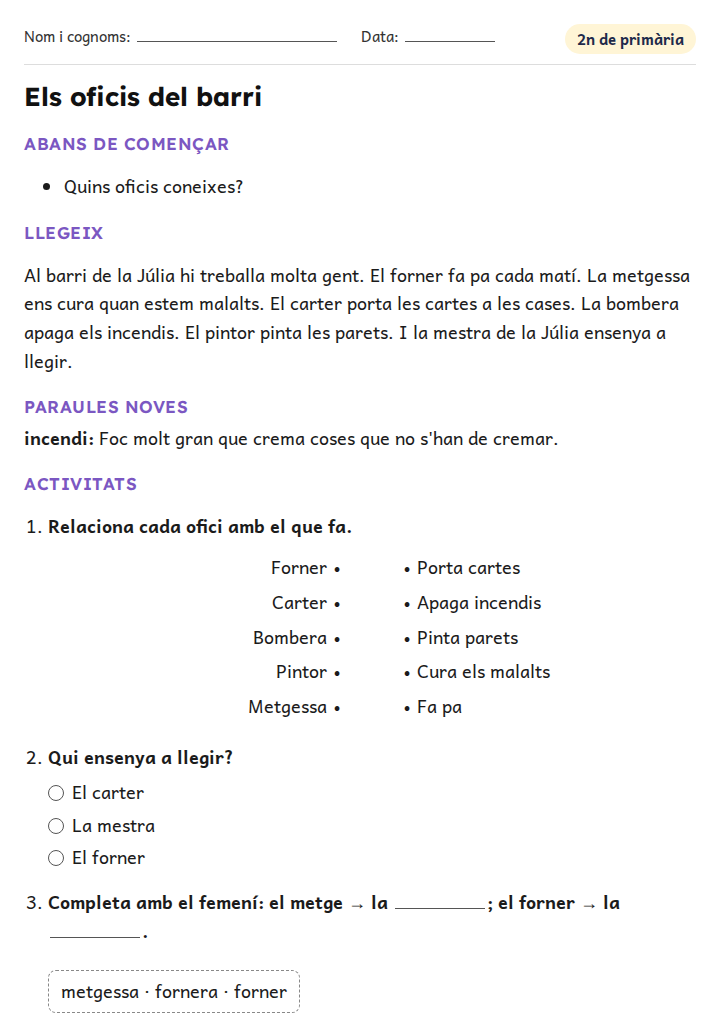 Fitxa «Els oficis del barri» de vocabulari per a 2n de primària
