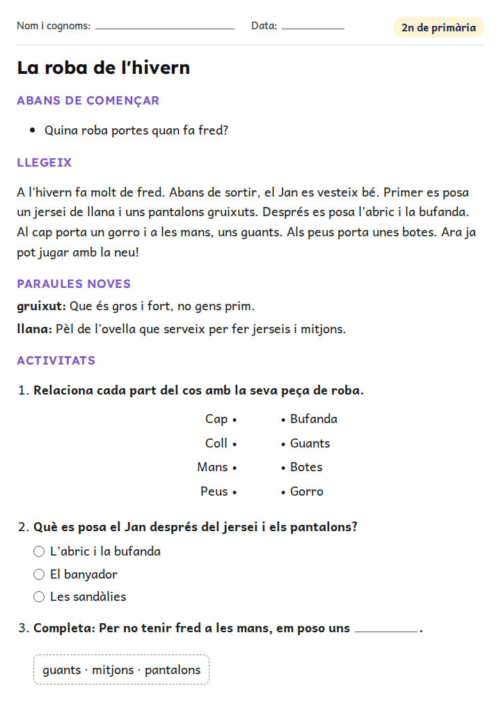 Fitxa «La roba de l'hivern» de vocabulari per a 2n de primària