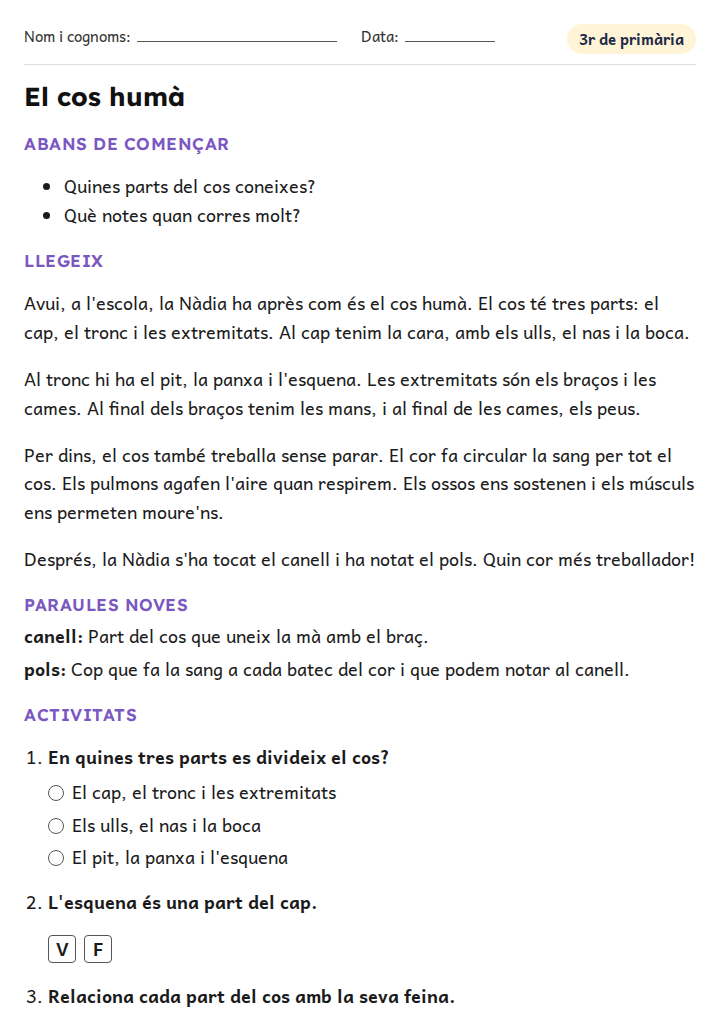 Fitxa «El cos humà» de vocabulari per a 3r de primària