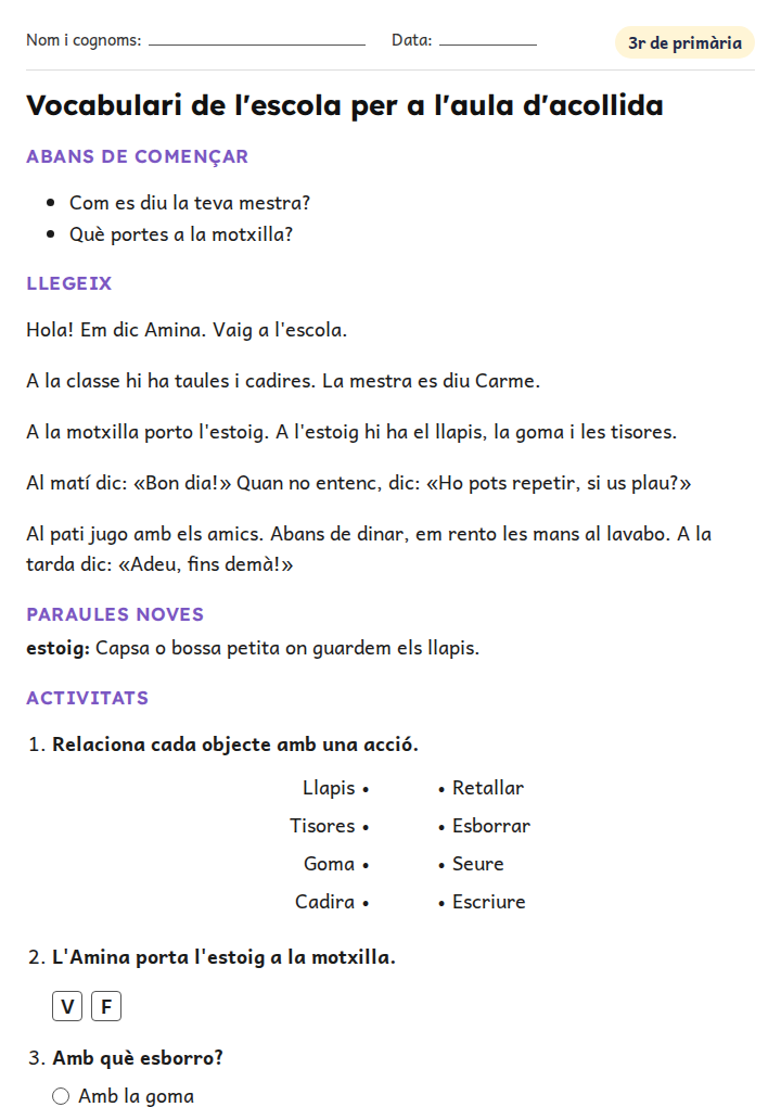 Fitxa «Vocabulari de l'escola per a l'aula d'acollida» de vocabulari per a 3r de primària