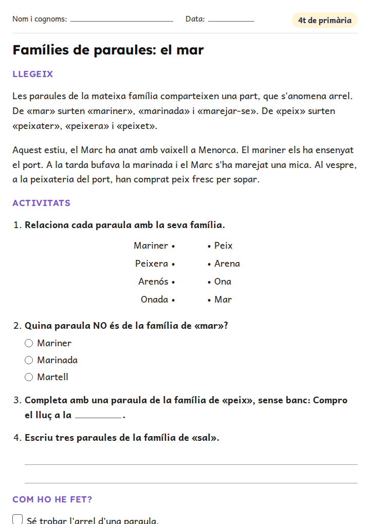 Fitxa «Famílies de paraules: el mar» de vocabulari per a 4t de primària