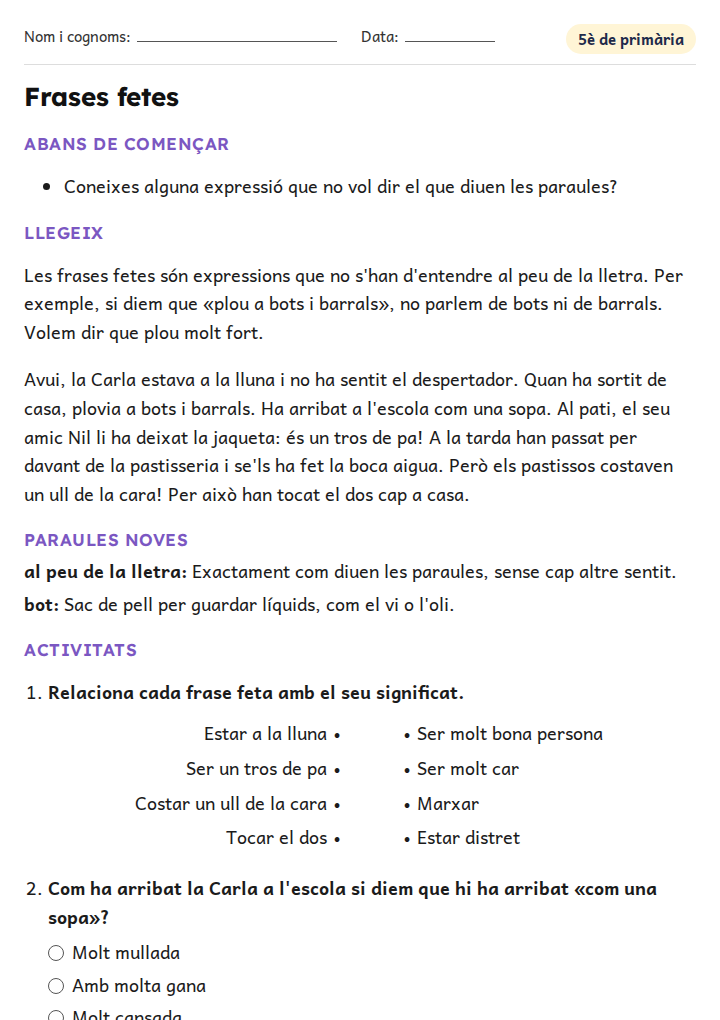 Fitxa «Frases fetes» de vocabulari per a 5è de primària