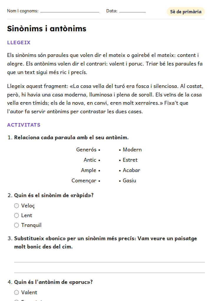 Fitxa «Sinònims i antònims» de vocabulari per a 5è de primària