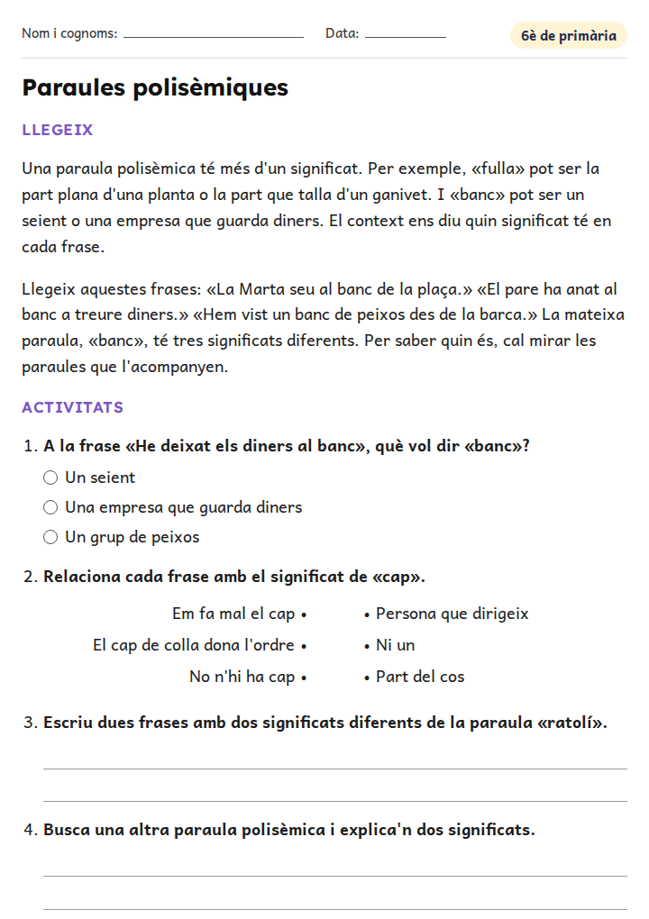 Fitxa «Paraules polisèmiques» de vocabulari per a 6è de primària