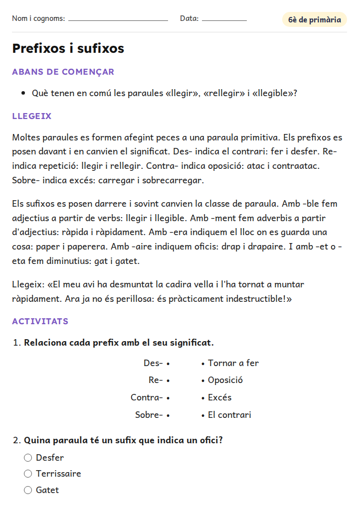 Fitxa «Prefixos i sufixos» de vocabulari per a 6è de primària